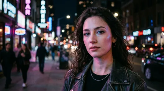 Woman with dramatic goth makeup standing on neon-lit city street at night with colorful light reflections