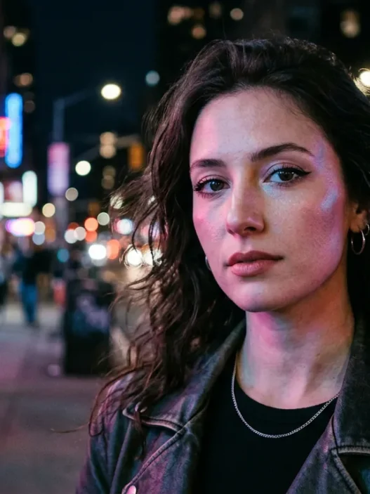 Woman with dramatic goth makeup standing on neon-lit city street at night with colorful light reflections