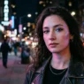 Woman with dramatic goth makeup standing on neon-lit city street at night with colorful light reflections