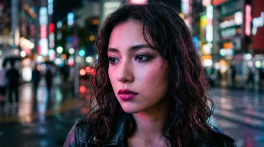Woman with makeup on city street at night with colorful neon lighting creating pink and blue reflections