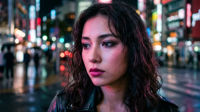 Woman with makeup on city street at night with colorful neon lighting creating pink and blue reflections
