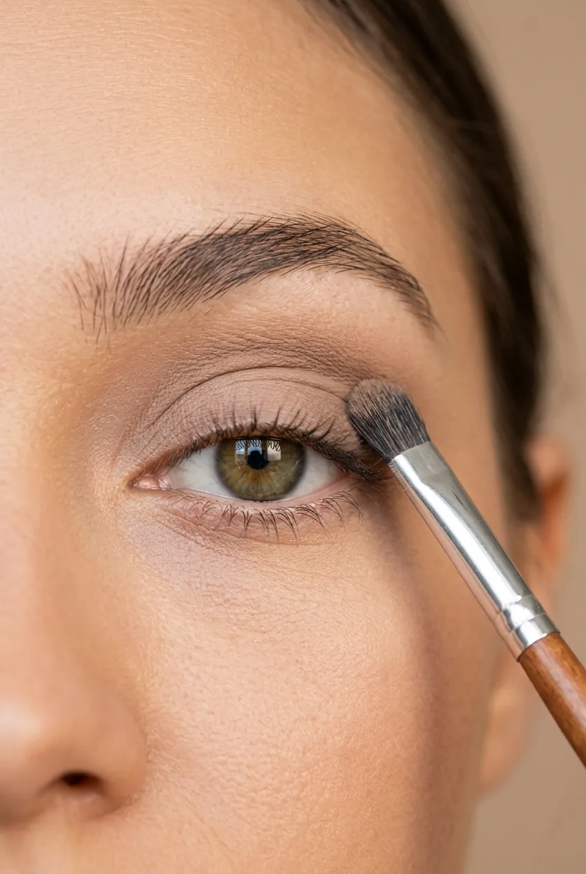 Small brush applying neutral eyeshadow across eyelid in sweeping motion