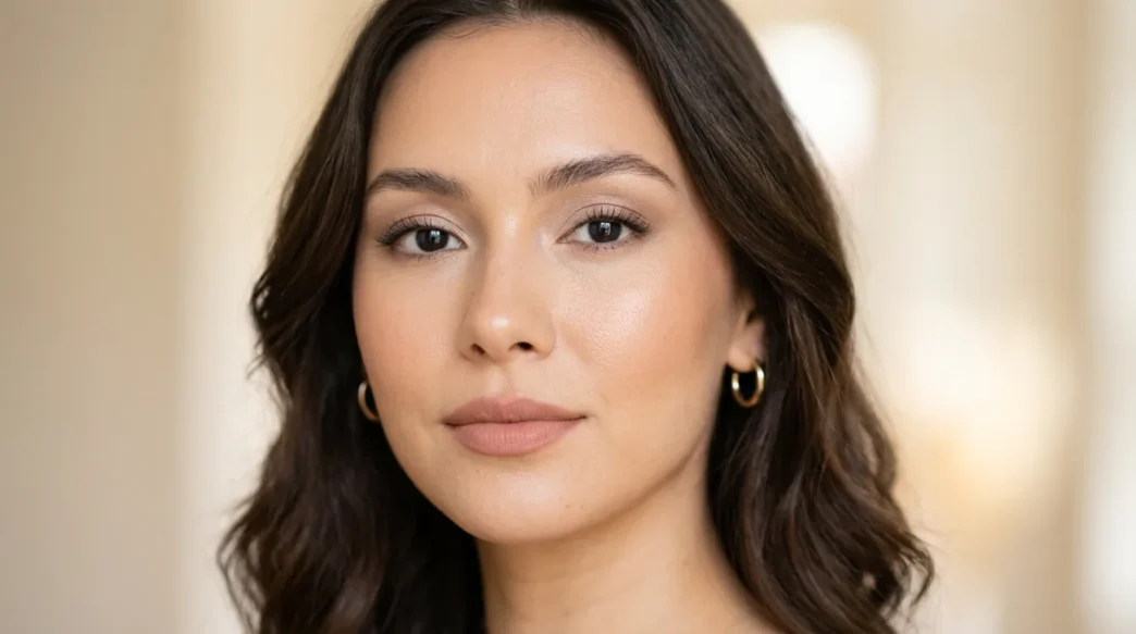 Woman with polished neutral makeup showing soft brown eyeshadow and natural pink lips in editorial portrait