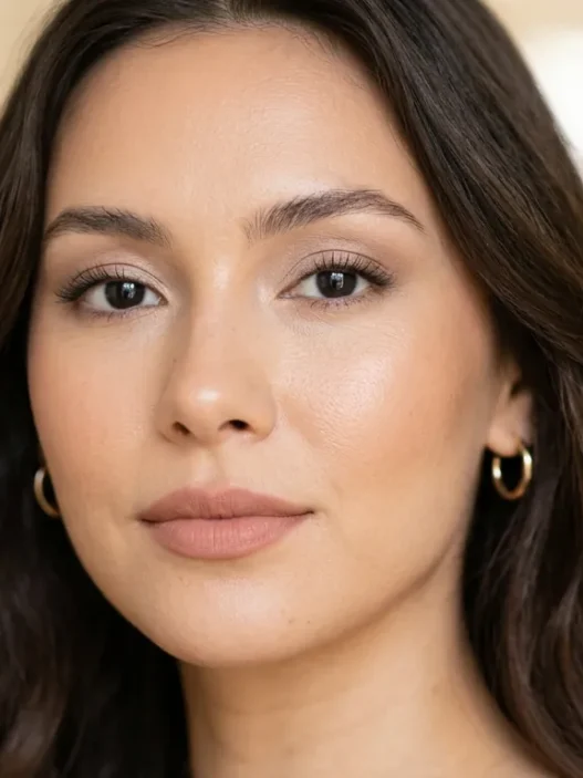 Woman with polished neutral makeup showing soft brown eyeshadow and natural pink lips in editorial portrait