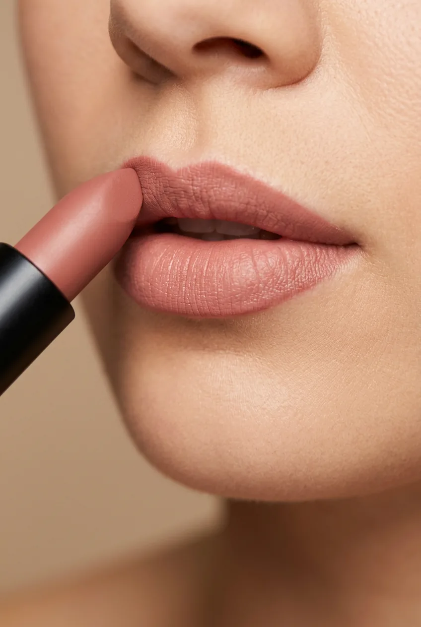 Nude lipstick being applied to lips with careful precision