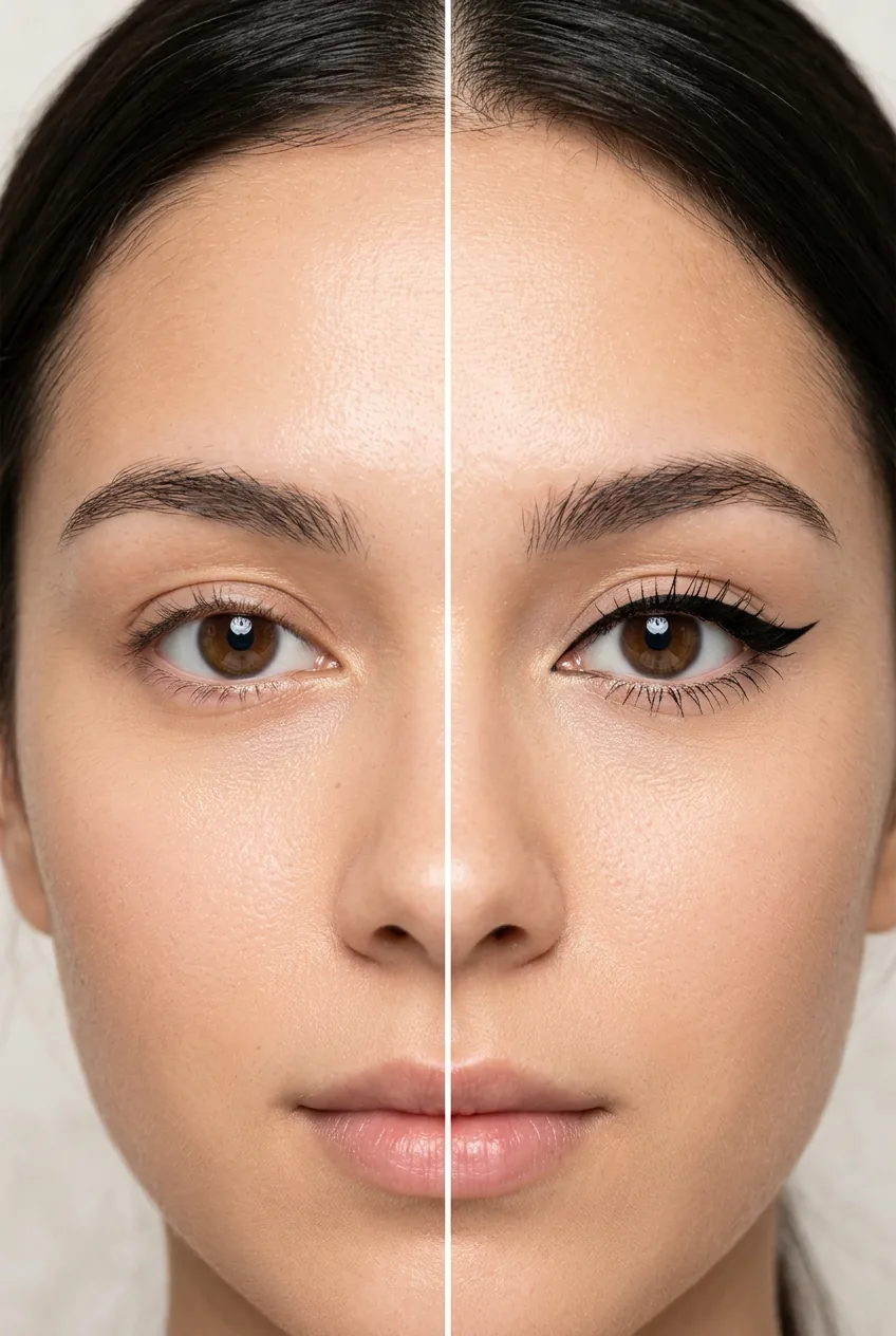 Comparison showing one completed eyeliner eye next to bare prepared eye demonstrating progression