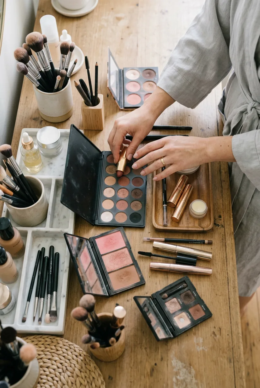 Overhead shot of organized makeup vanity with open palettes and brushes in morning light