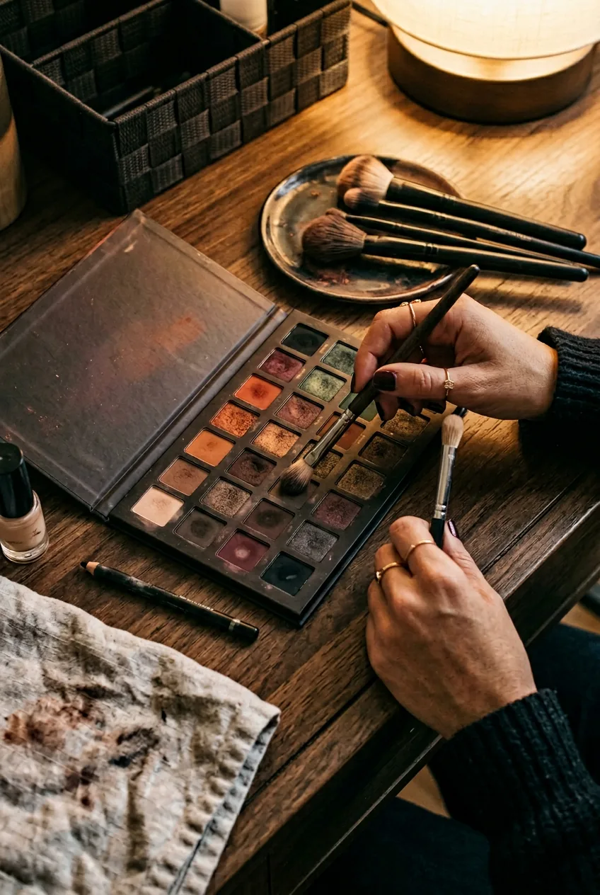 Overhead view of dark eyeshadow palette with brushes and woman's hands selecting colors on dressing table