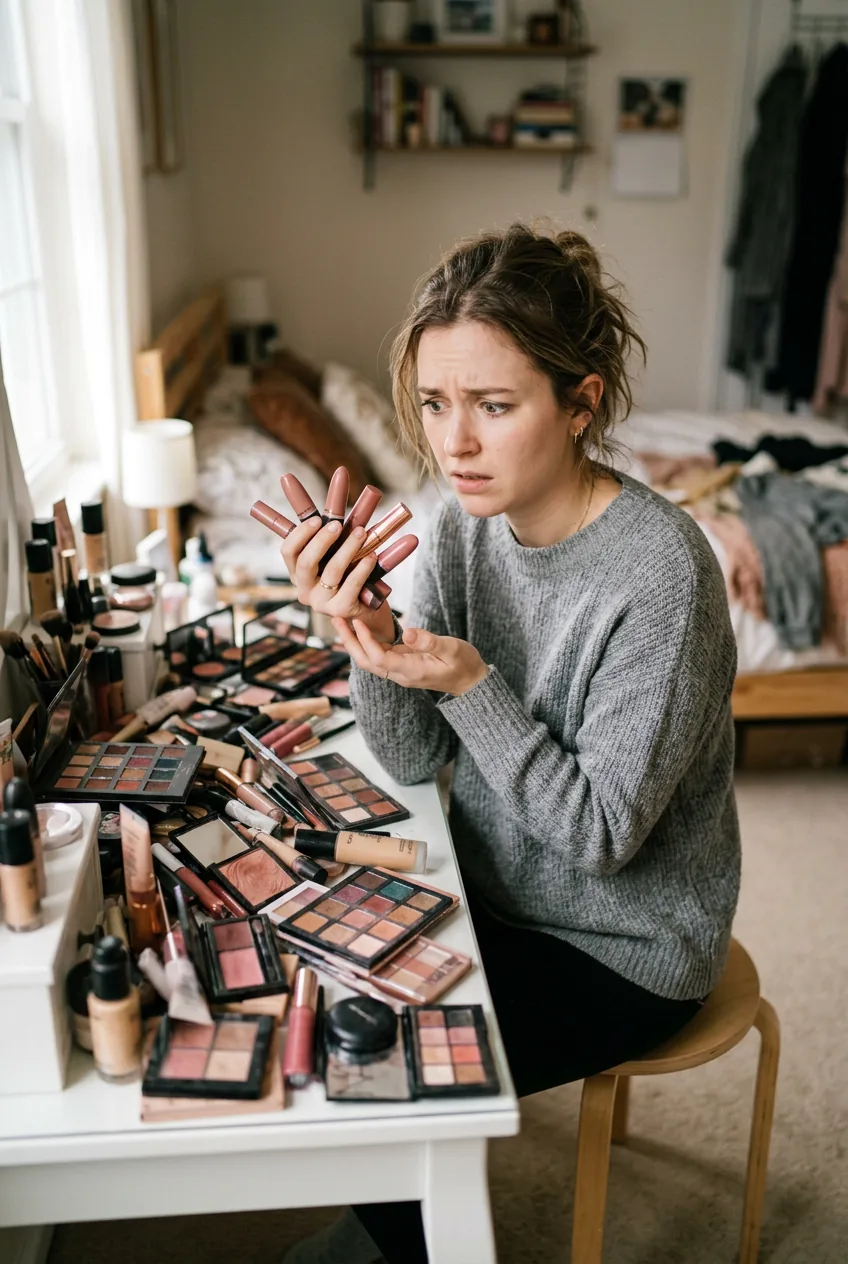 Woman looking overwhelmed while surrounded by numerous makeup products at cluttered white vanity
