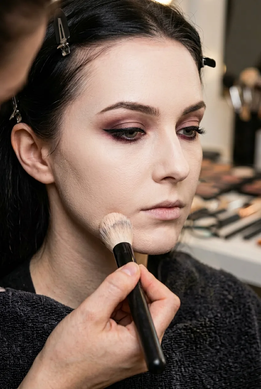 Close-up of pale vampire foundation application with makeup brush and glasses resting beside face