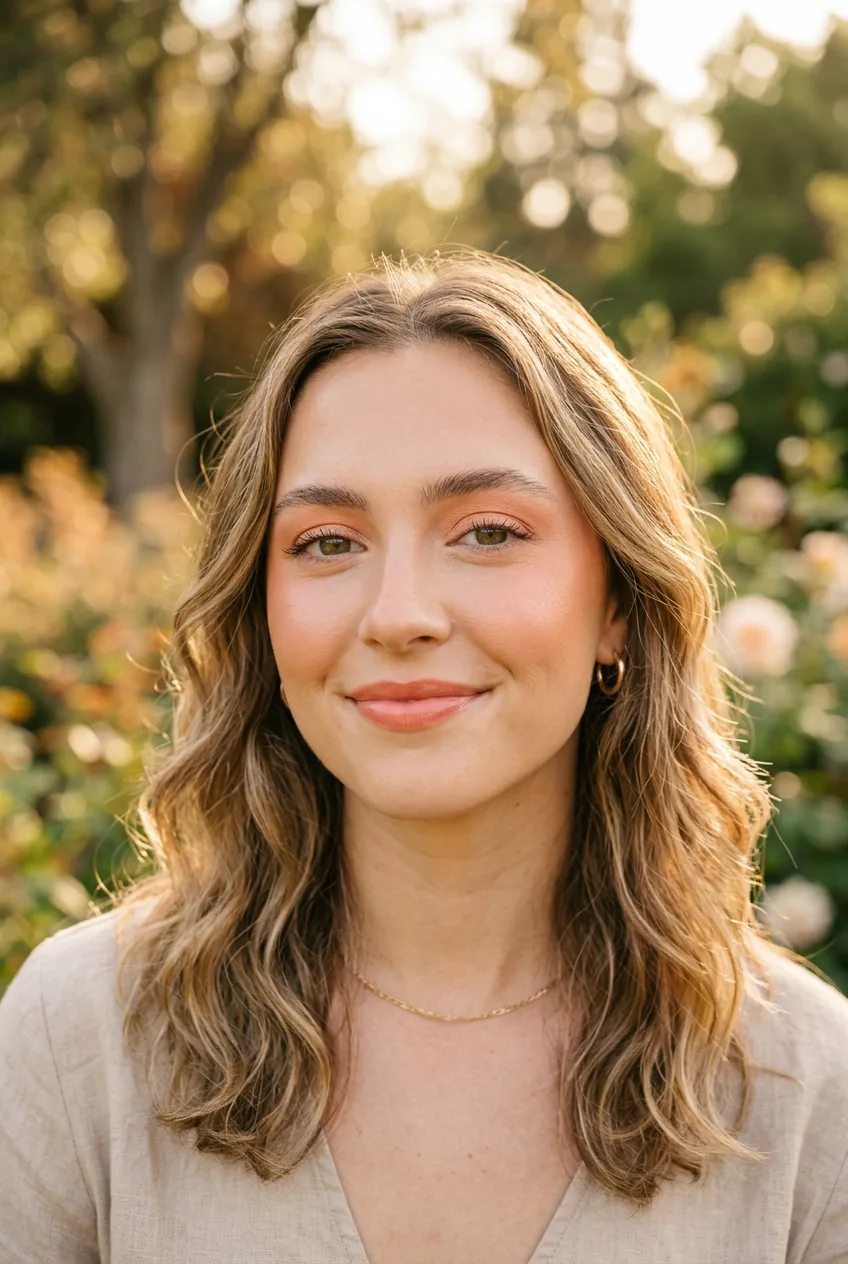 Woman with peachy all-over makeup look featuring harmonious peach tones on eyes cheeks and lips