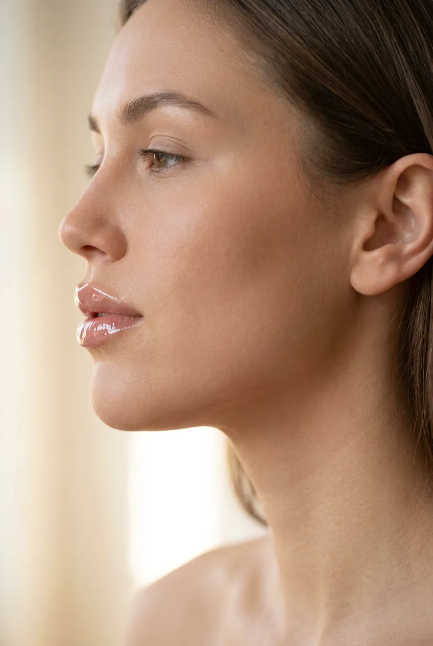 Side profile showing lips with perfect even gloss coverage and glass-like shine reflecting light