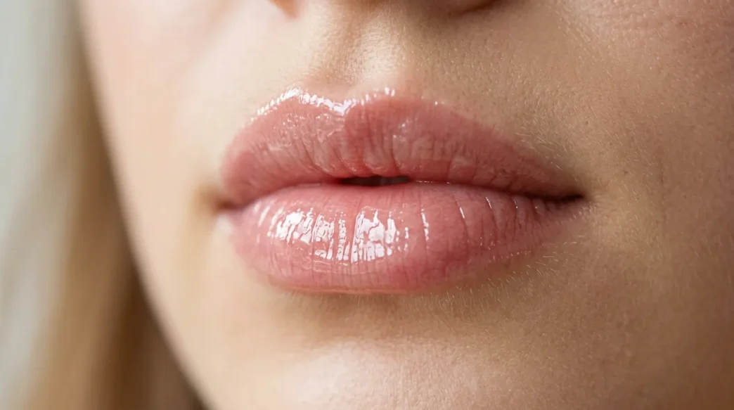 Close-up of lips with perfect high-shine clear gloss showing smooth even application and glass-like finish