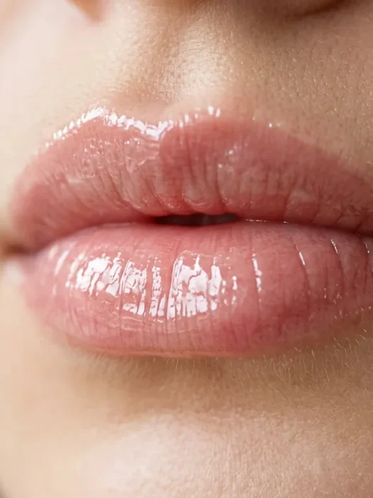 Close-up of lips with perfect high-shine clear gloss showing smooth even application and glass-like finish