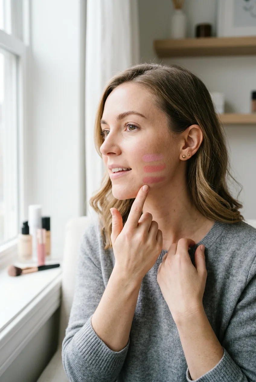 Woman testing three different pink blush shades along jawline in natural window light