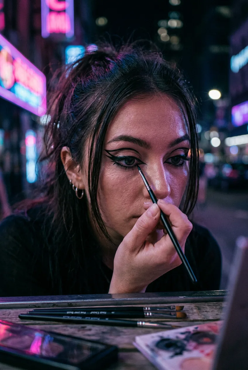 Woman carefully applying precise graphic eyeliner with makeup brush under neon lighting