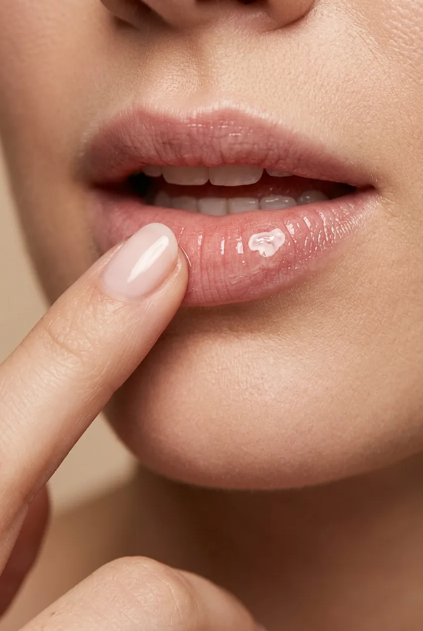 Macro shot demonstrating pressing technique with finger applying gloss to center of bottom lip