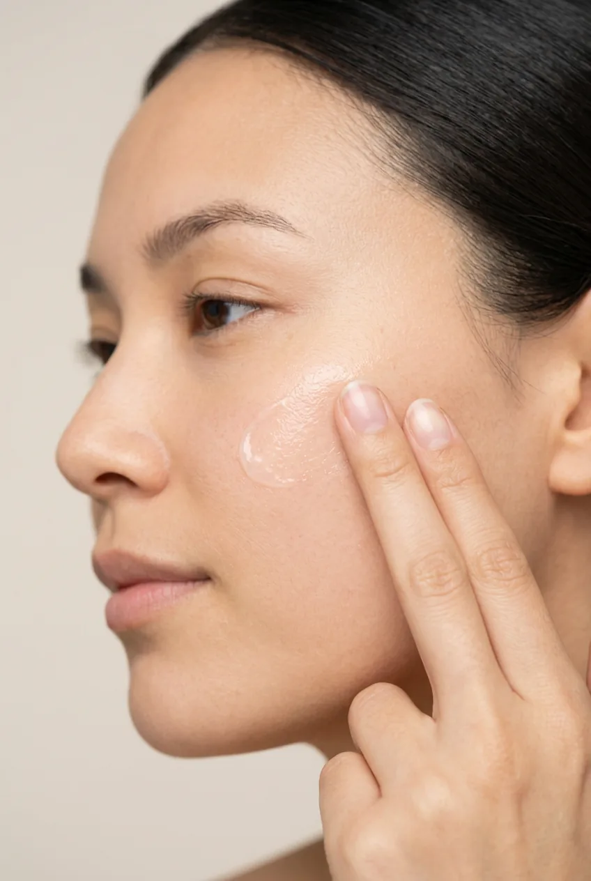 Close-up of clear primer being applied to cheek area with fingertips