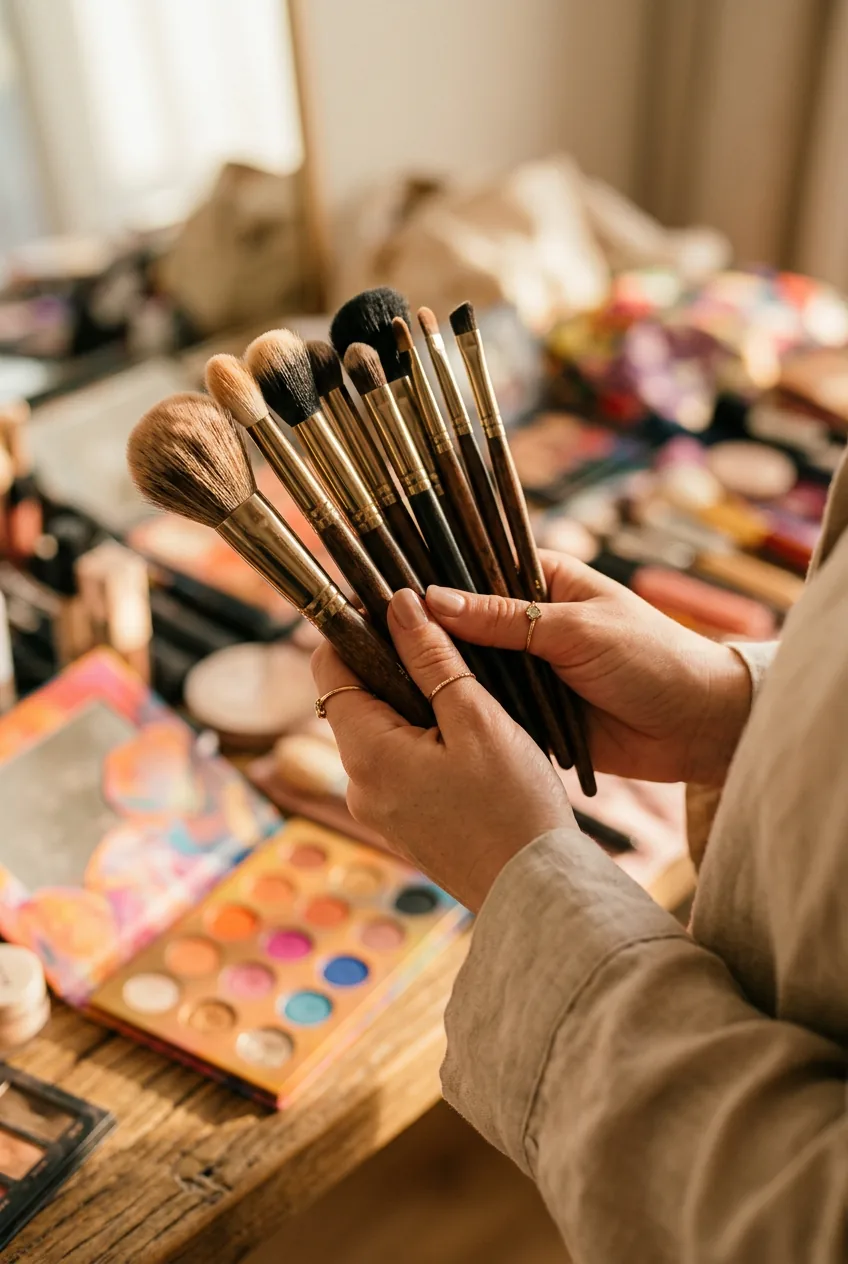 Hands holding collection of professional makeup brushes with colorful palette background