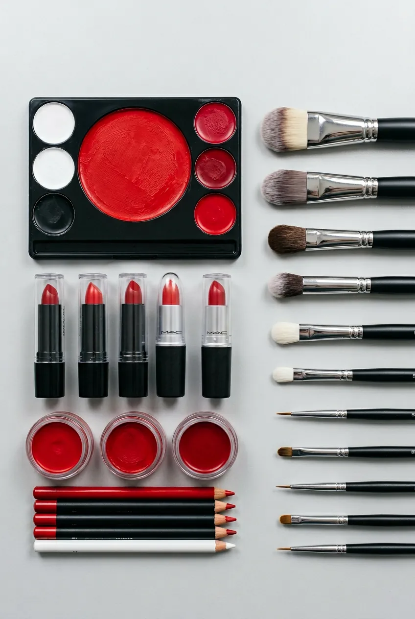 Red cream makeup and lip products arranged with precision brushes for dramatic clown mouth application