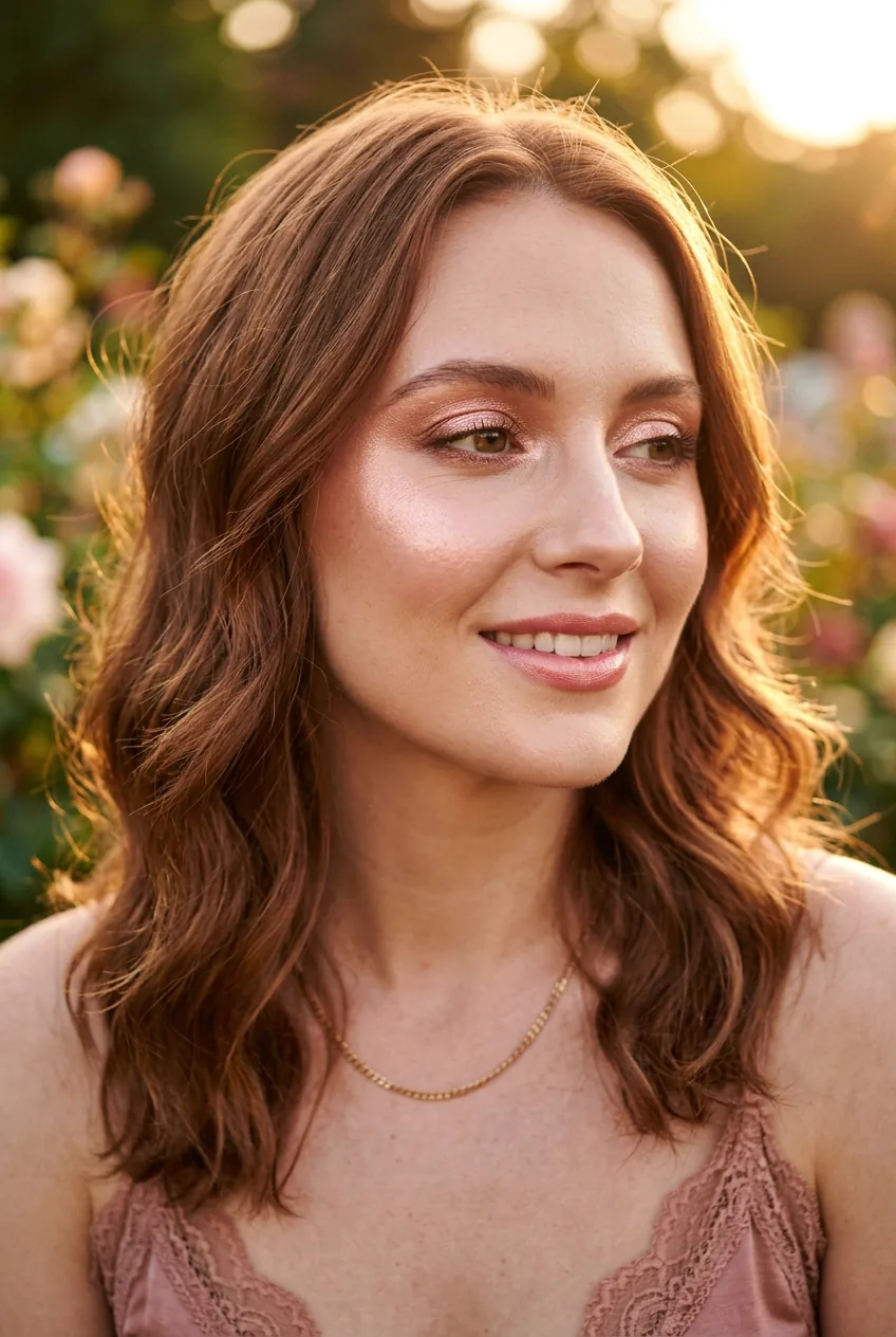 Woman with rose gold romance makeup featuring shimmery rose gold tones and highlighting