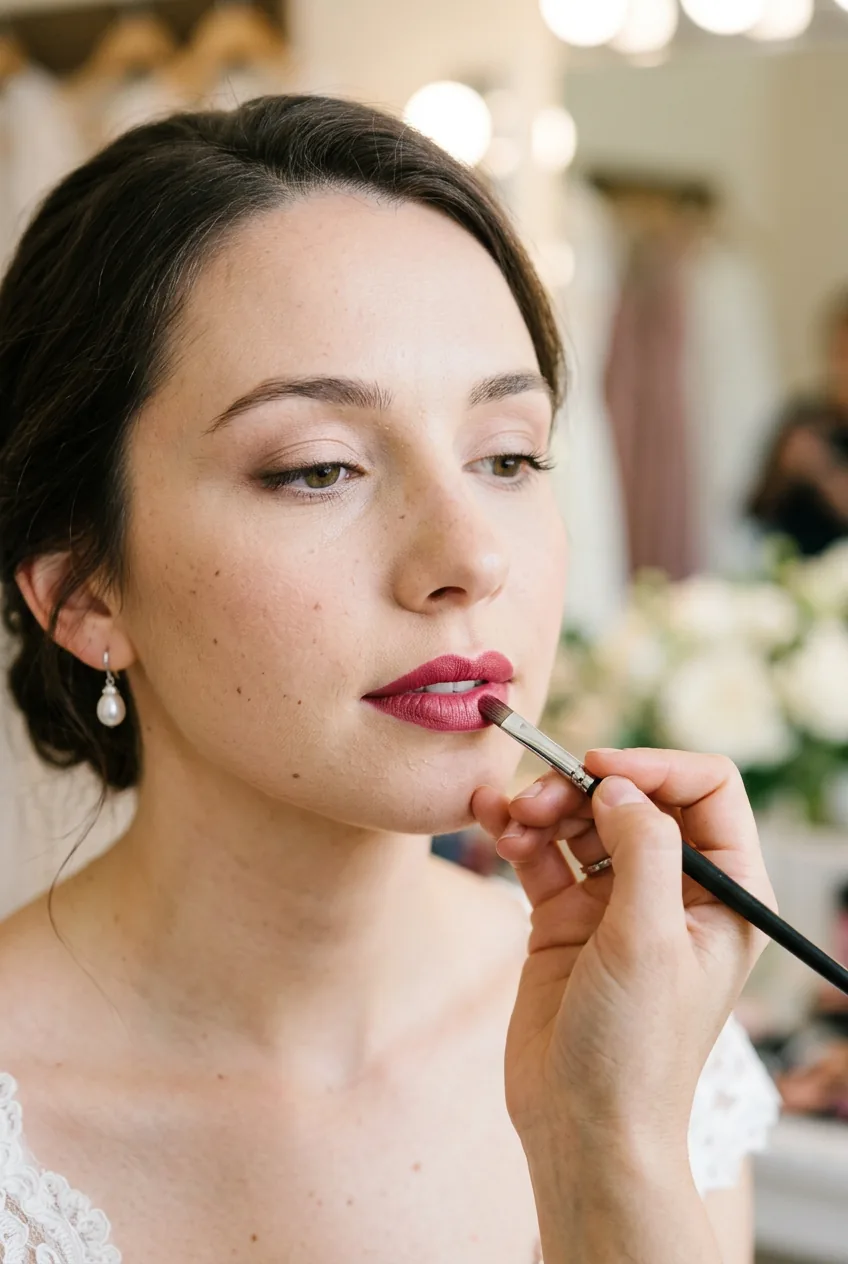 Bride's lips with deeper rose lipstick being applied using precision brush in close-up detail