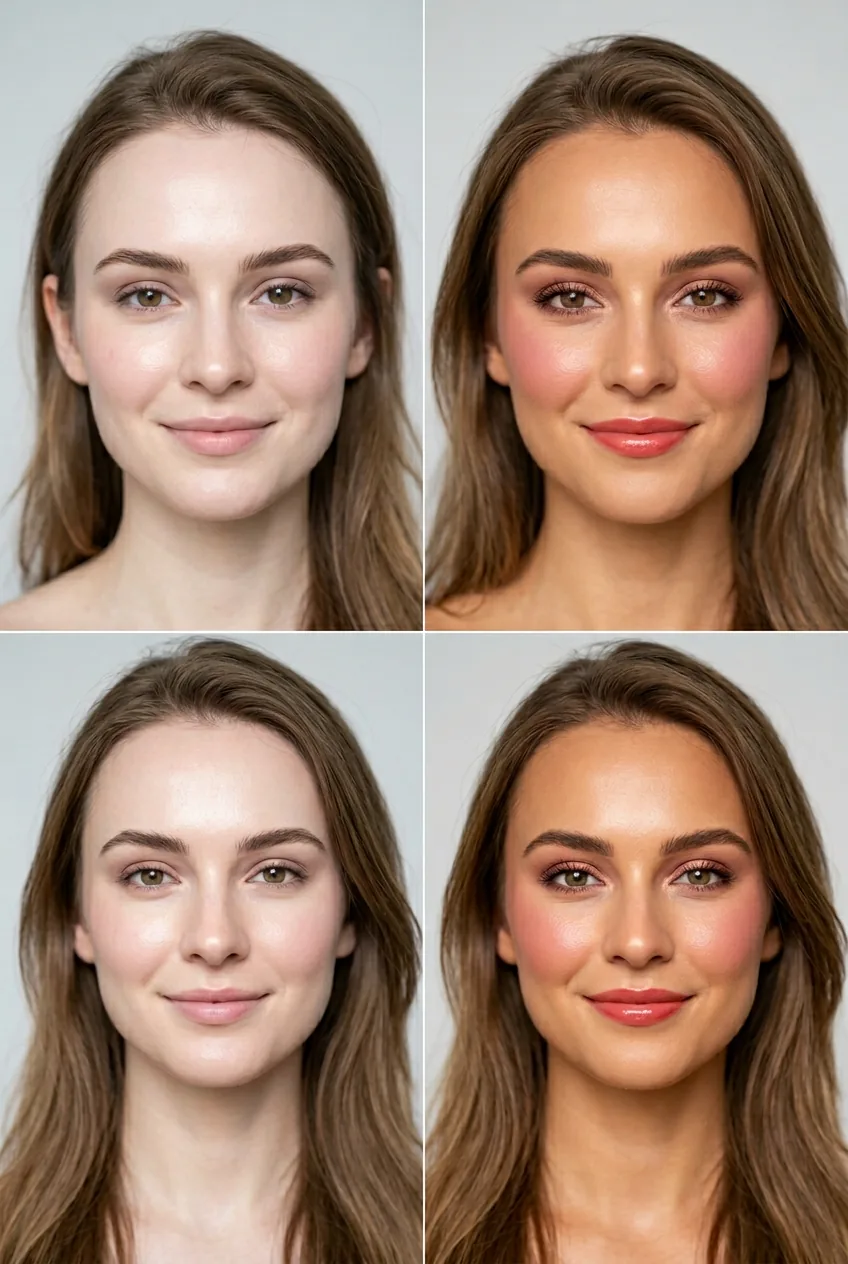 Side comparison showing woman's face with winter pale skin versus summer tan and adjusted pink makeup