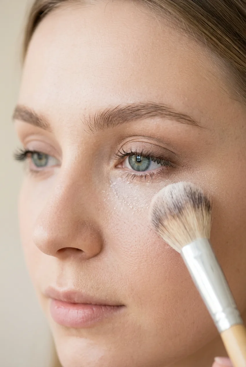 Translucent setting powder being applied around completed eye makeup for longevity