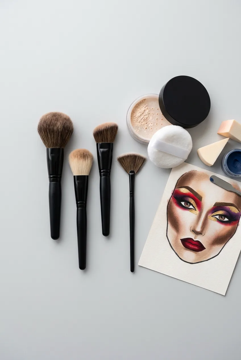 Setting powder and finishing brushes arranged showing professional makeup completion tools on clean surface