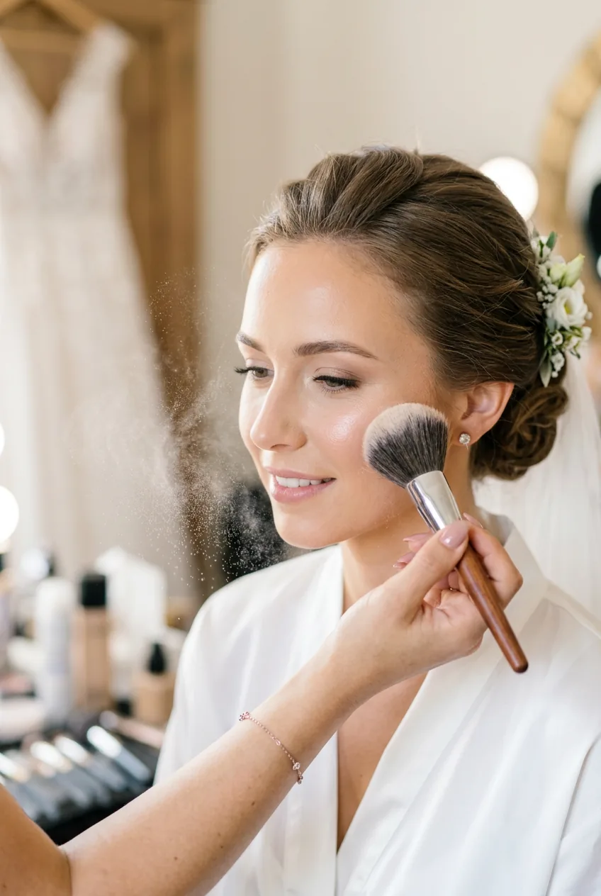 Translucent setting powder being applied with large fluffy brush showing powder particles in bright studio light