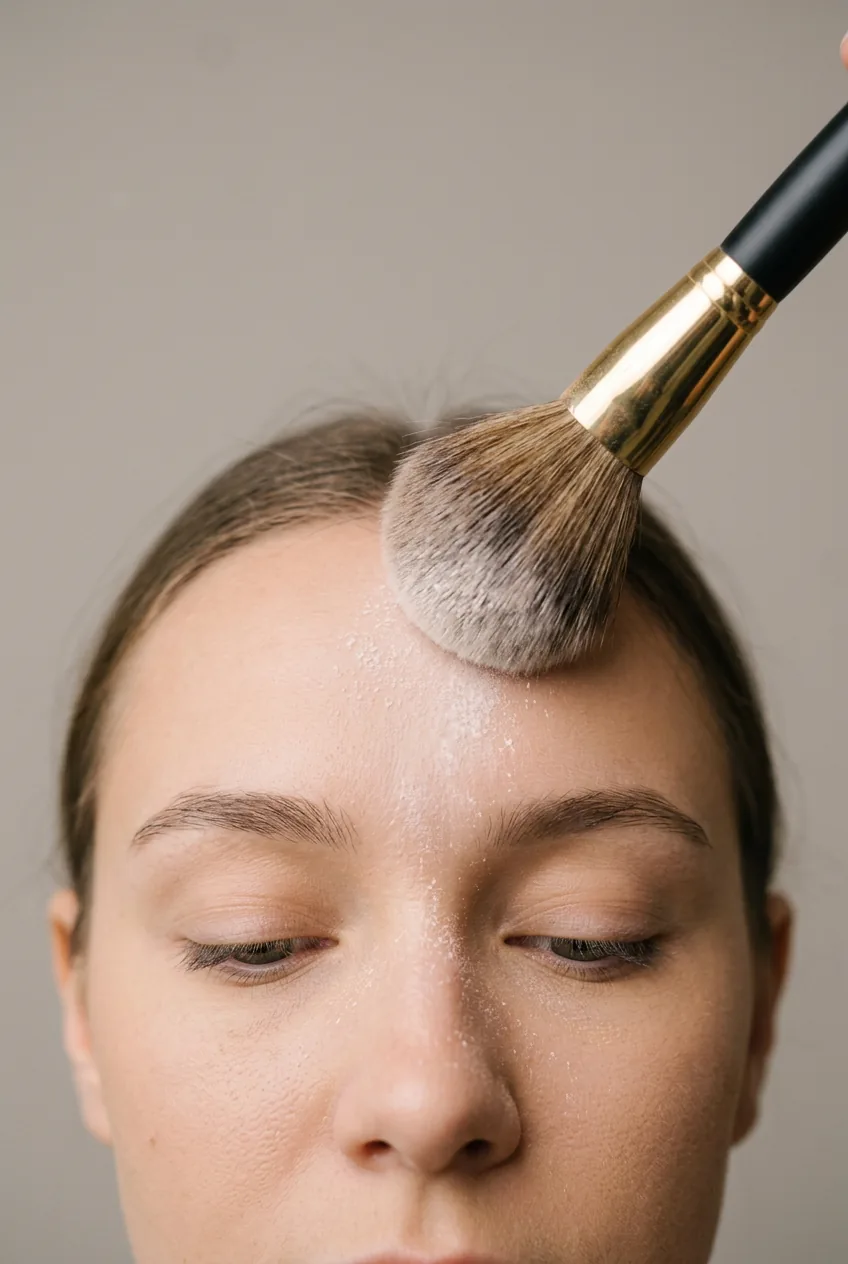 Fluffy brush applying translucent setting powder to T-zone area