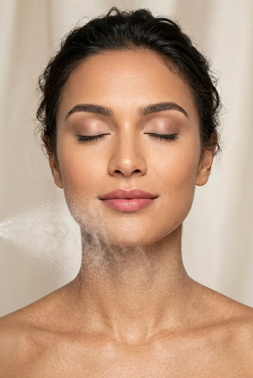 Setting spray being misted over completed makeup look from optimal distance