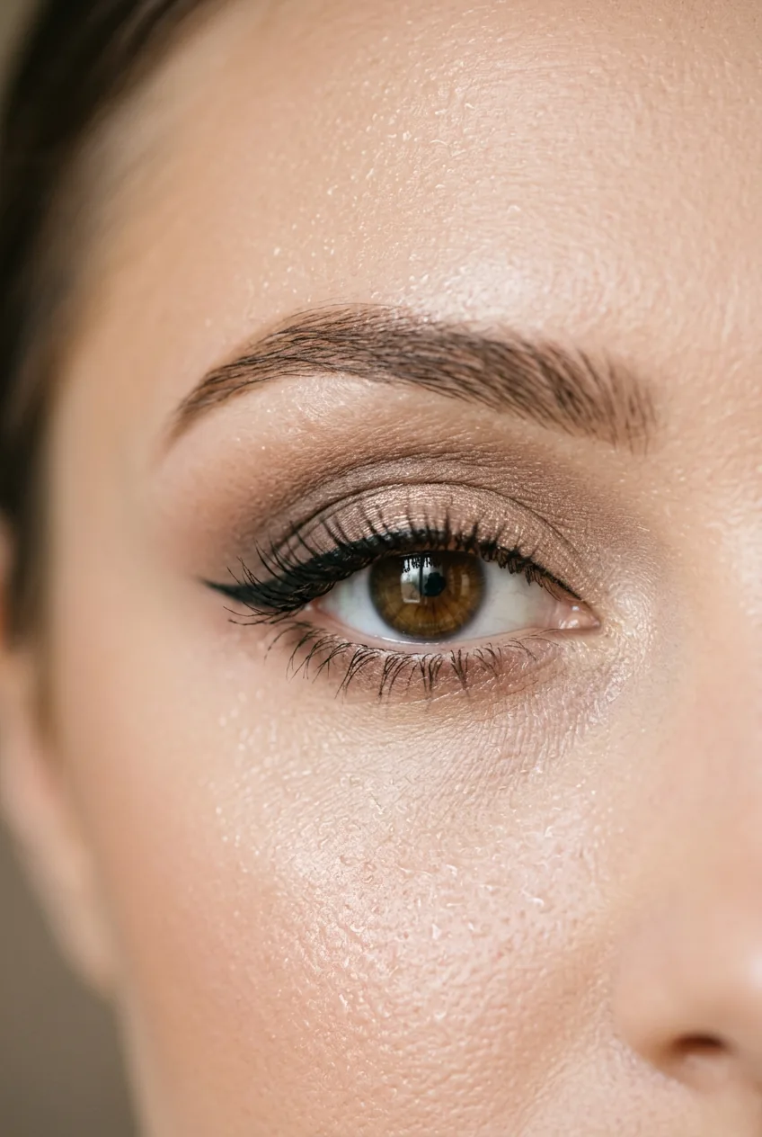 Setting spray mist settling on finished makeup around eye area in final tutorial step