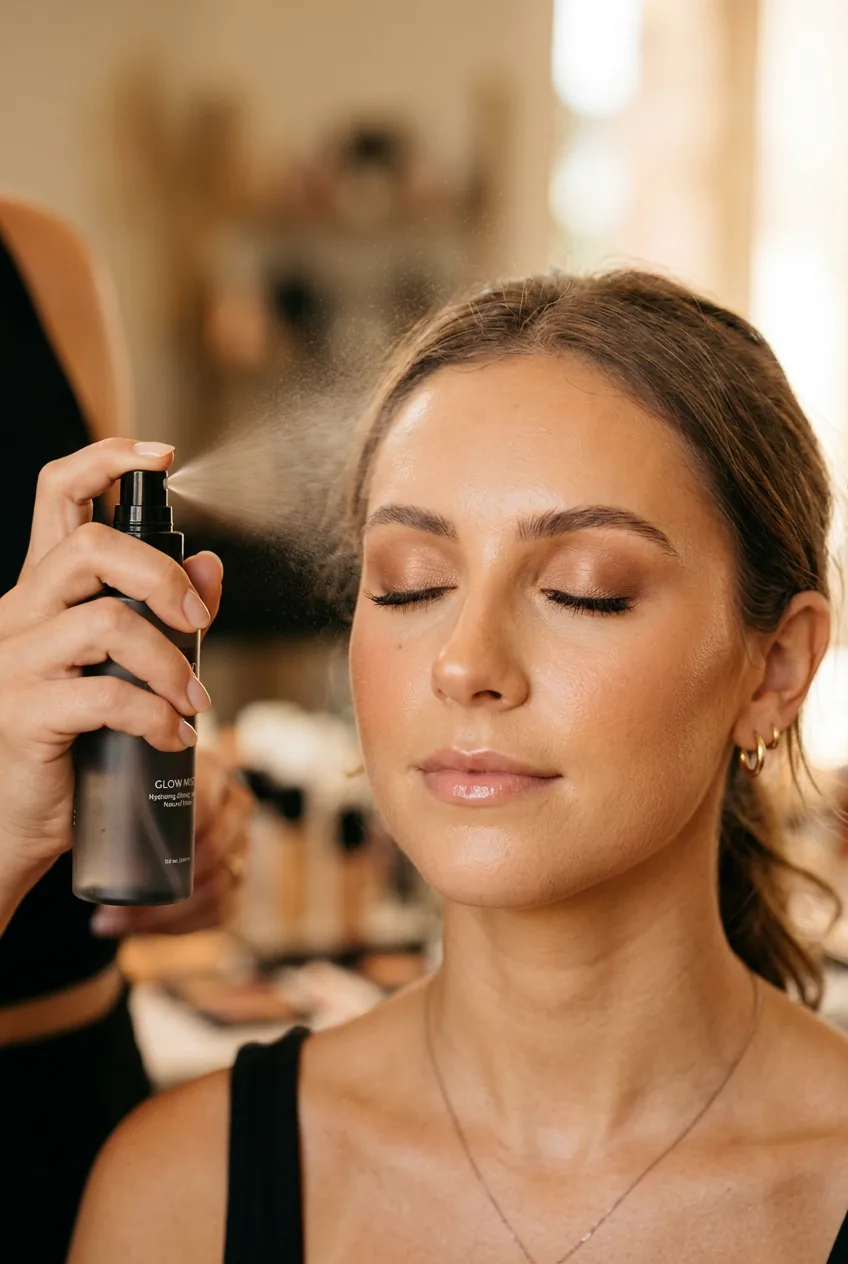 Setting spray being applied to finished makeup with fine mist visible on face