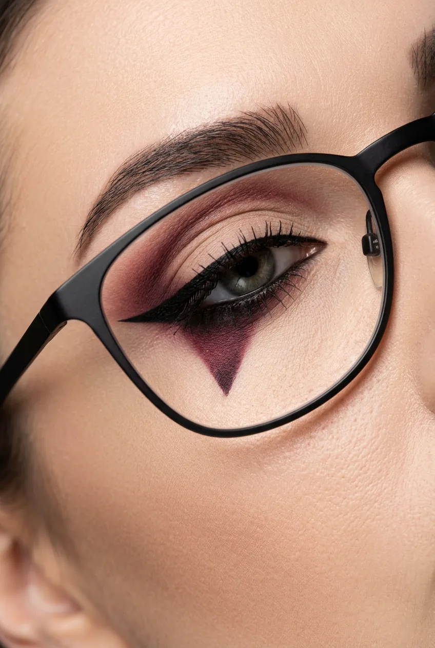 Close-up of precise vampire eye liner with triangle shadow technique under outer corner through glasses