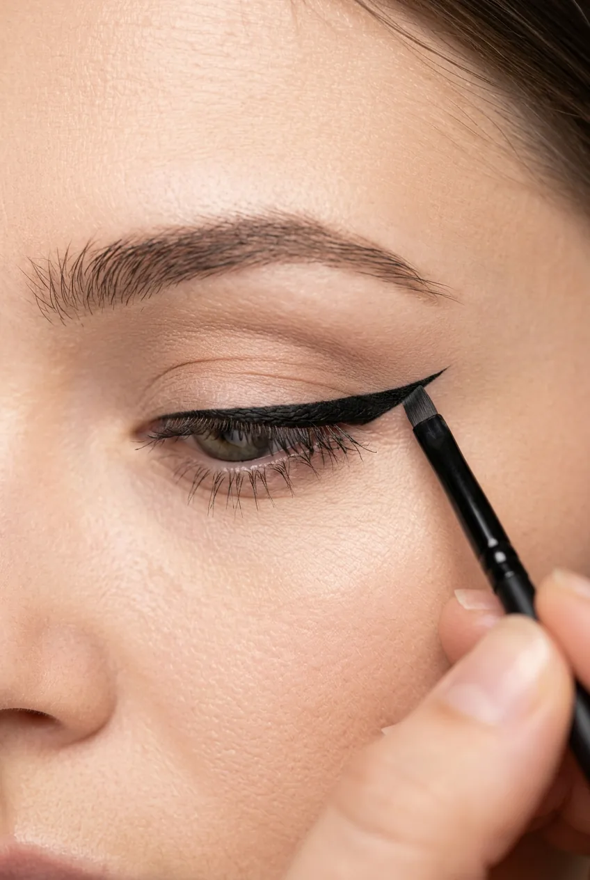 Gel eyeliner being applied with angled brush to create perfect sharp geometric wing extending from outer corner