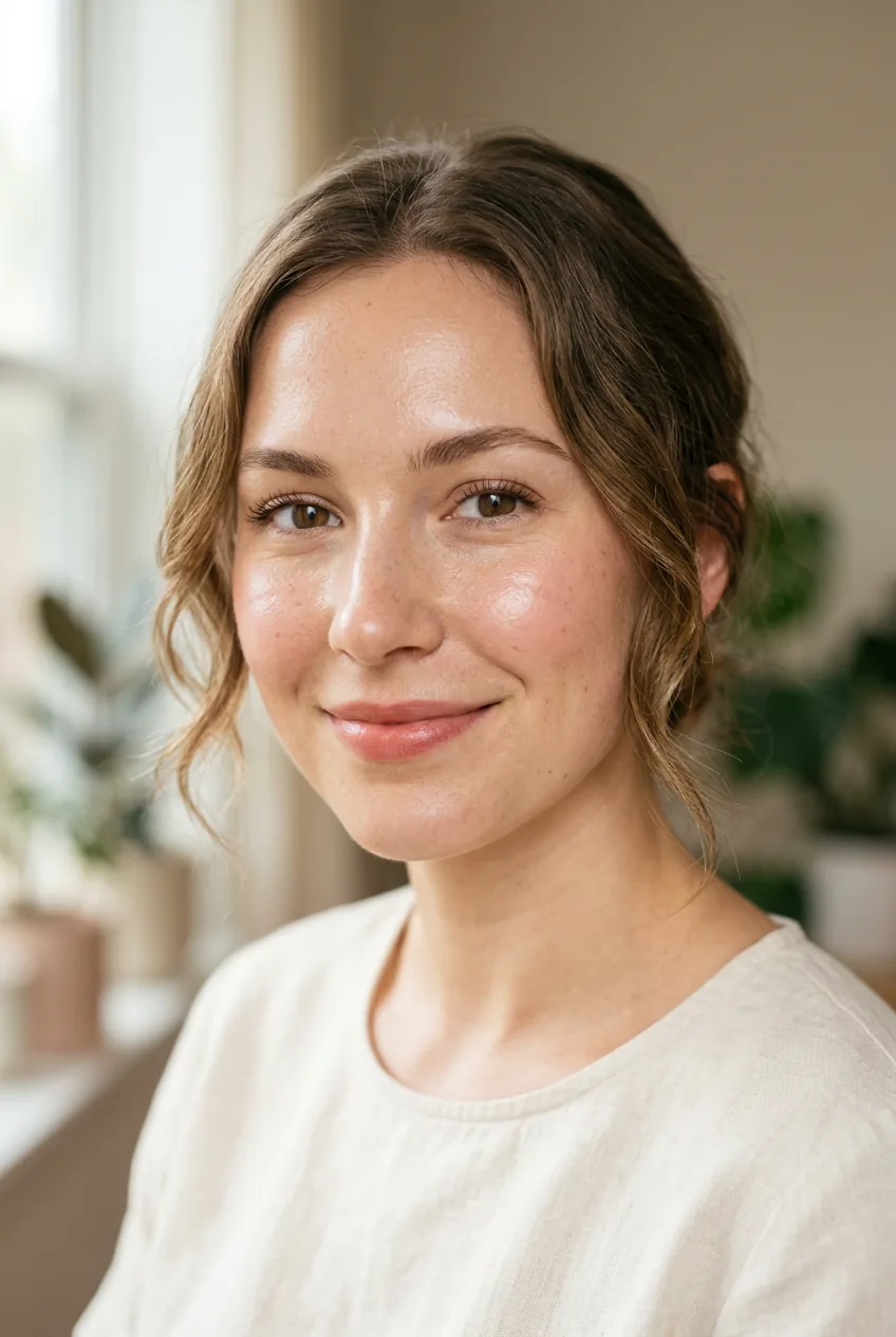 Woman with glowing natural skin and barely visible makeup showing healthy radiant complexion