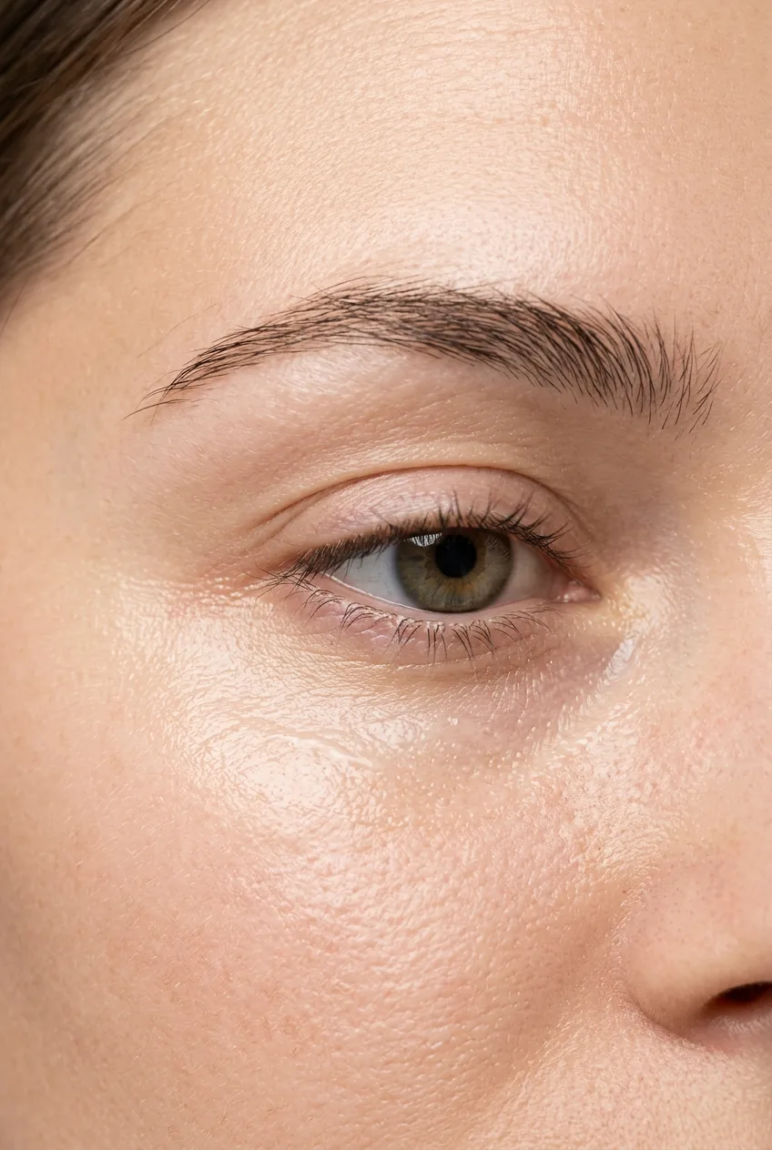 Eye area showing moisturizer absorption into clean prepared skin before makeup application