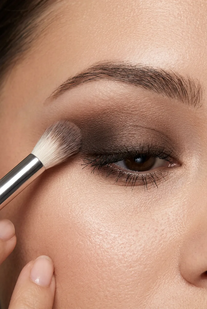 Clean fluffy brush blending dark eyeshadow edges in circular motions showing seamless color transition