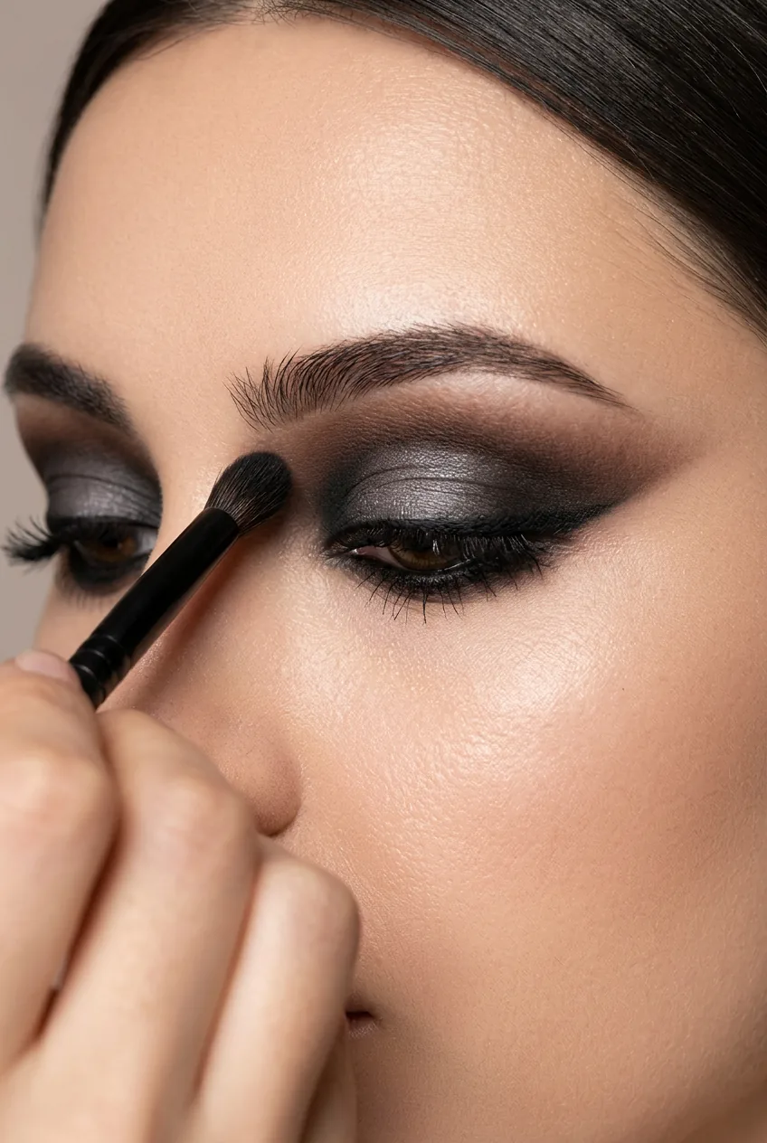 Dramatic smoky eye makeup being built with dark brown and black eyeshadows above sharp cut crease line