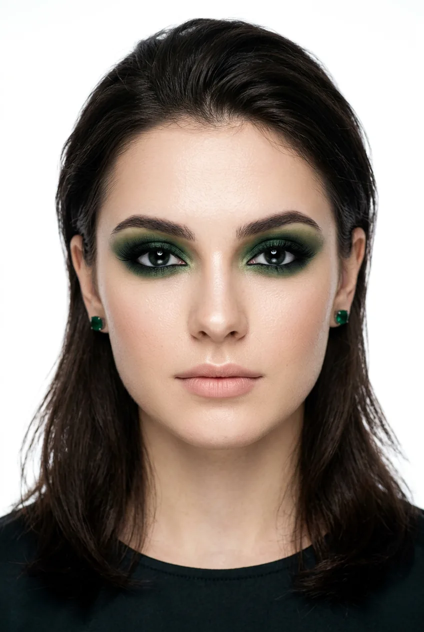 Woman with smoky green eyeshadow in forest emerald tones creating dramatic eye look