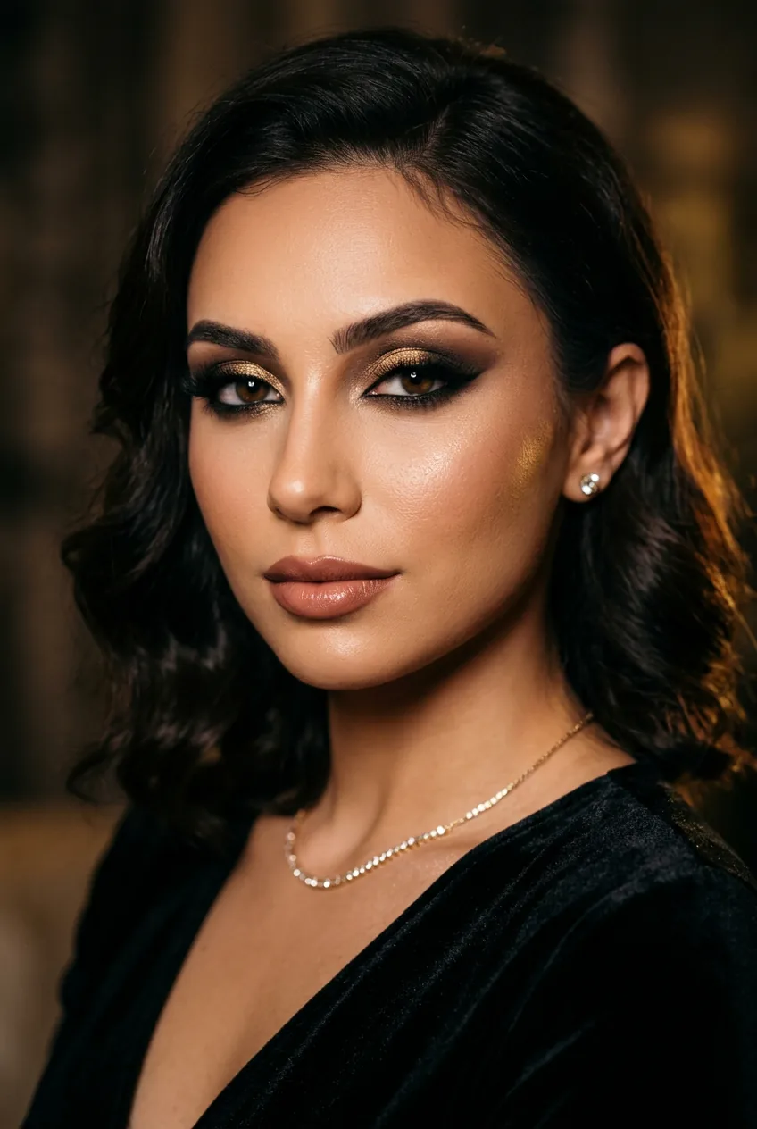 Woman with sultry smoky eyes featuring shimmer eyeshadow and dramatic evening makeup in moody lighting