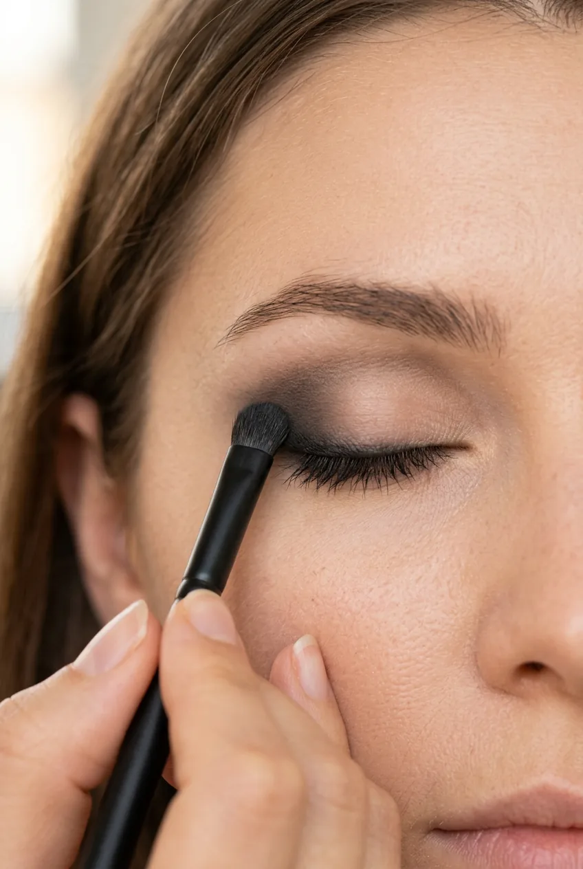 Fingers holding small smudger brush blending dark kohl upward from closed eye lash line