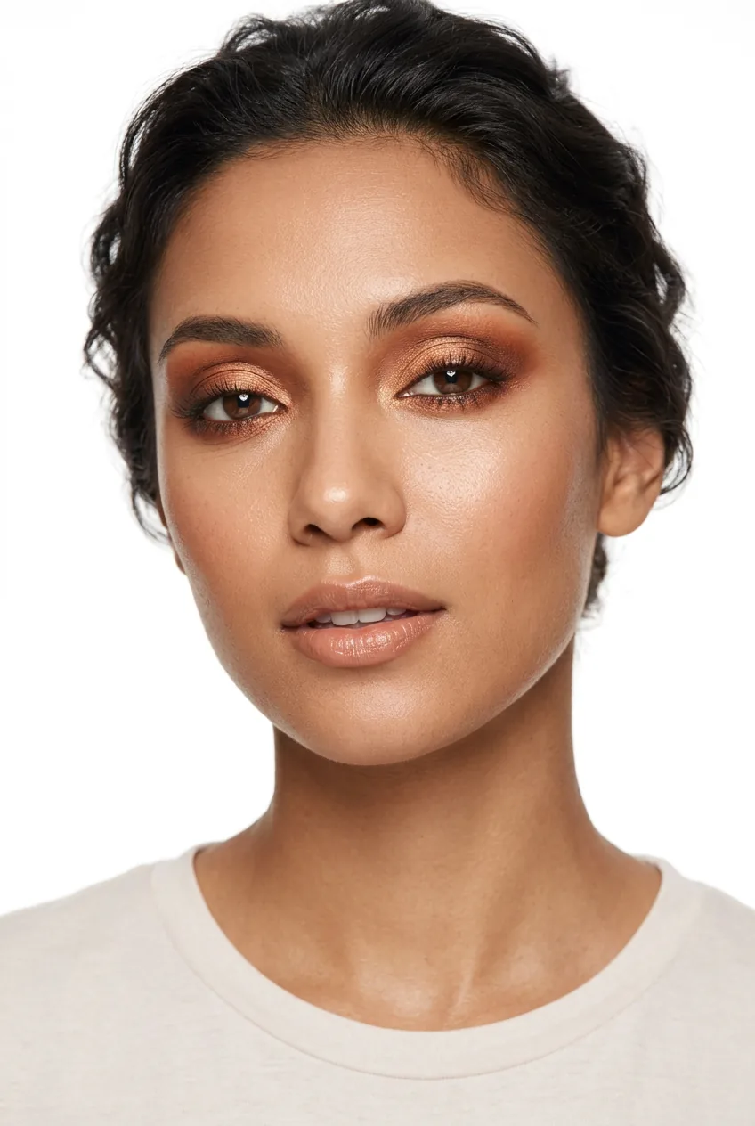 Woman wearing soft bronze eyeshadow with golden copper tones blended across eyelids