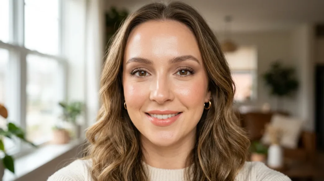 Woman with soft glam makeup featuring peachy-pink tones and dewy skin photographed in natural light