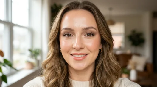 Woman with soft glam makeup featuring peachy-pink tones and dewy skin photographed in natural light