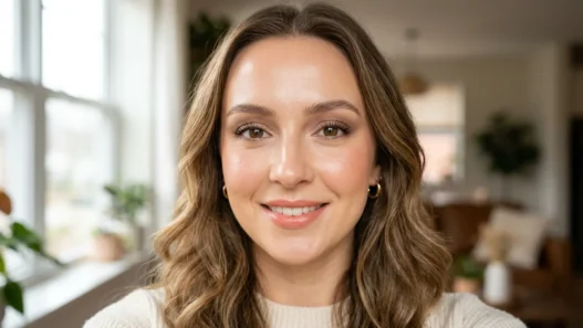 Woman with soft glam makeup featuring peachy-pink tones and dewy skin photographed in natural light