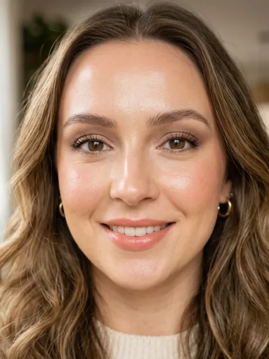 Woman with soft glam makeup featuring peachy-pink tones and dewy skin photographed in natural light