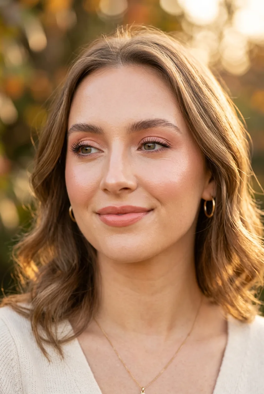 Woman with soft glam makeup in peachy-pink tones showing natural glow and subtle highlighting