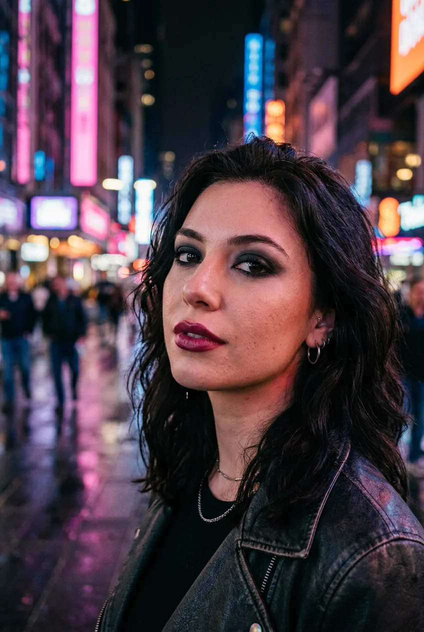 Woman with soft goth makeup featuring charcoal eyeshadow and berry lips in atmospheric neon lighting